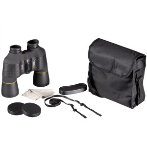 National Geographic Porro Fernglas 10x50 schwarz mit Tasche, Trageriemen und Reinigungstuch.