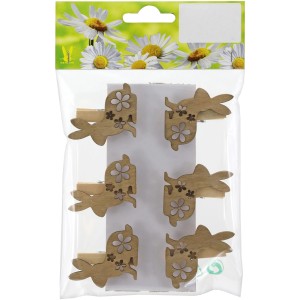 6 Deko-Klammern mit braunen Hasen und Blumenmuster für Ostern.