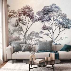 Fototapete Wald in Creme, Blau, Orange und Braun. Vliestapete mit Waldmotiv für Wohnräume.