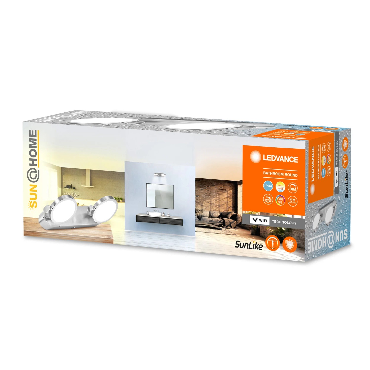 Verpackung der Ledvance Sun@Home Smart+ Badezimmerleuchte, silber, Ø 30 cm.