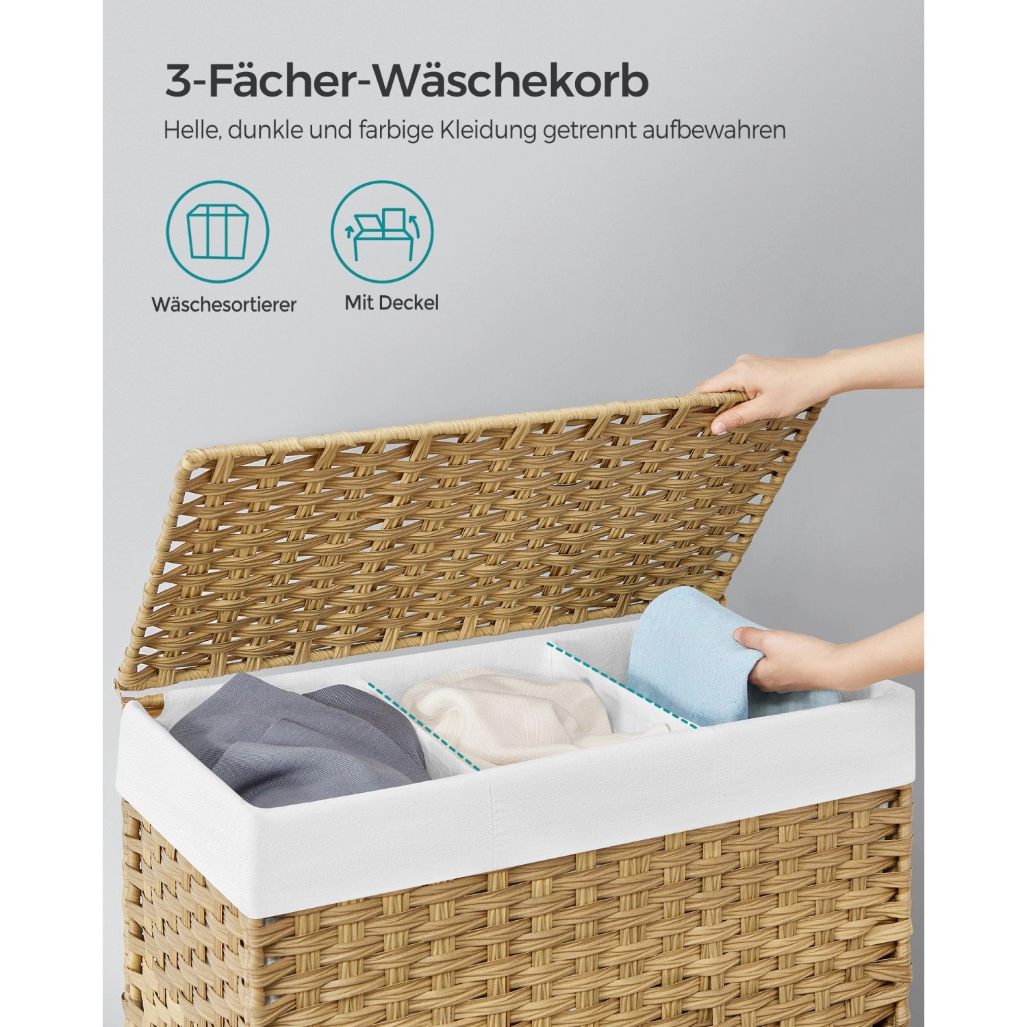 Naturfarbener Songmics Wäschekorb mit Deckel und 3 Fächern zum Sortieren der Wäsche.