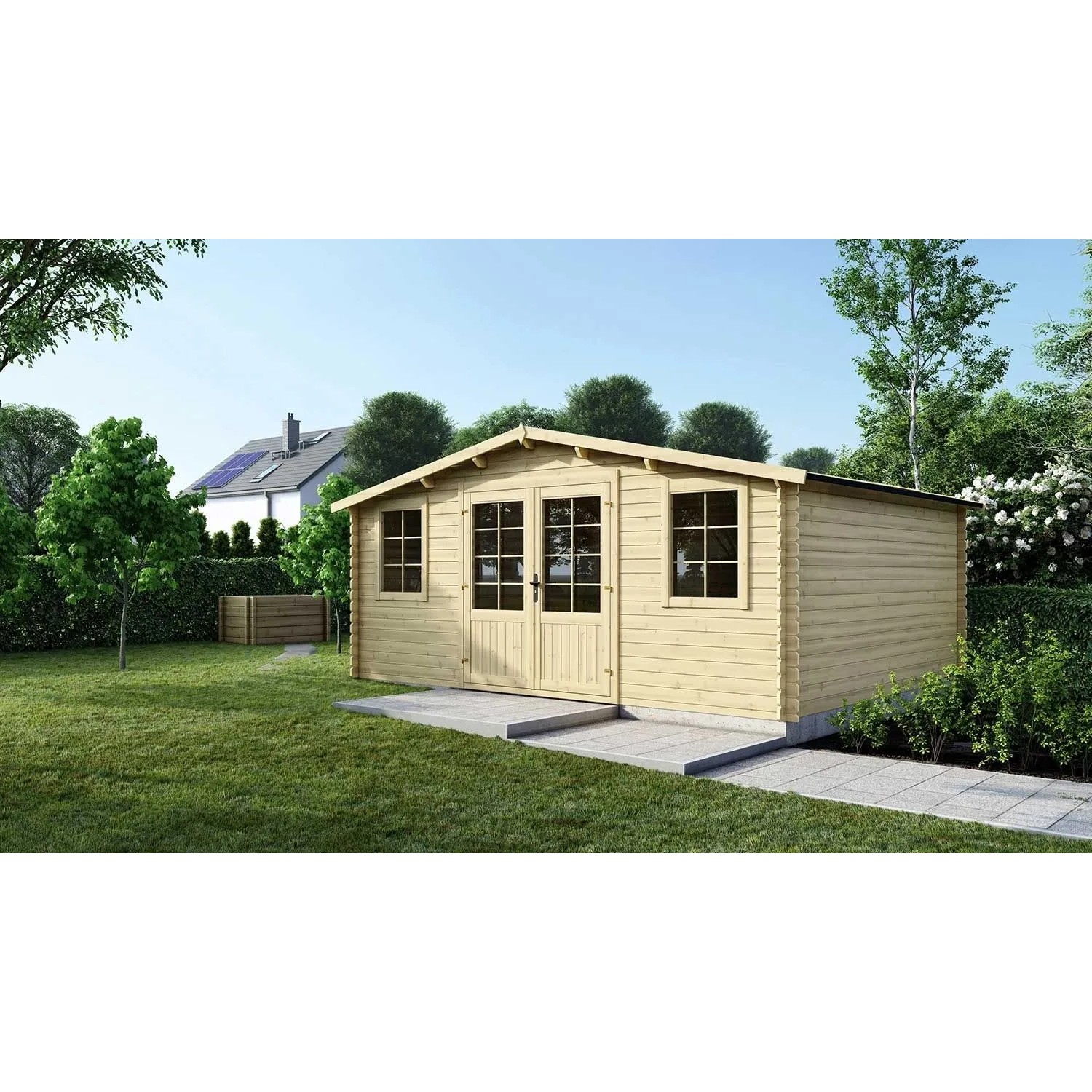 Altanka Gartenhaus 25m² aus Fichtenholz, mit Doppeltür und Fenstern im Garten.