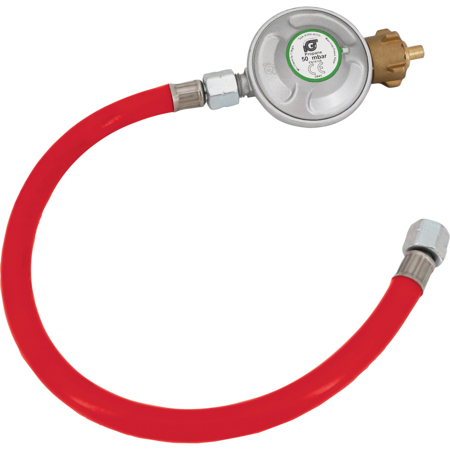 Gasregler mit Schlauch für Gasheizer. Roter Gasschlauch mit silberfarbenem Druckminderer.