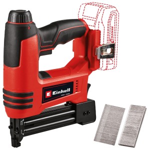 Einhell Akku-Nagler/Tacker TE-CN 18 Li Solo, rot/schwarz, mit Nägeln und Klammern. Akkugerät für Werkstatt und Hobby.
