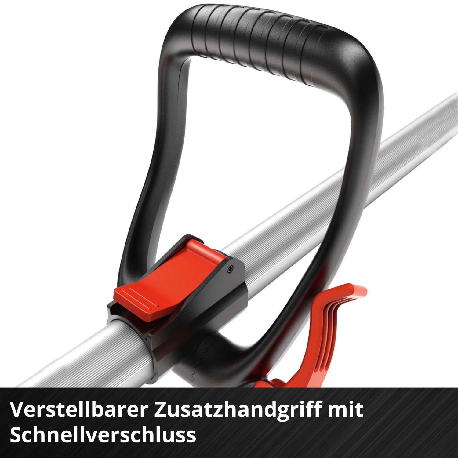 Detailaufnahme: Verstellbarer Zusatzhandgriff mit Schnellverschluss am Einhell Akku-Hochentaster.