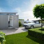Modernes Biohort Metall-Gerätehaus AvantGarde quarzgrau-metallic mit offener Doppeltür, zeigt organisierten Stauraum im Garten.