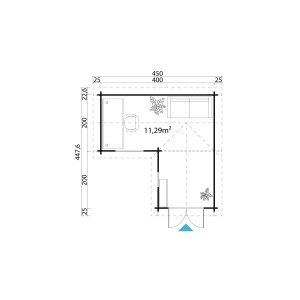 Grundriss Lasita Maja Gartenhaus Portsmouth 44, 400x400 cm, Schwedenrot. Holz-Gartenhaus mit Möbeln und Pflanzen.
