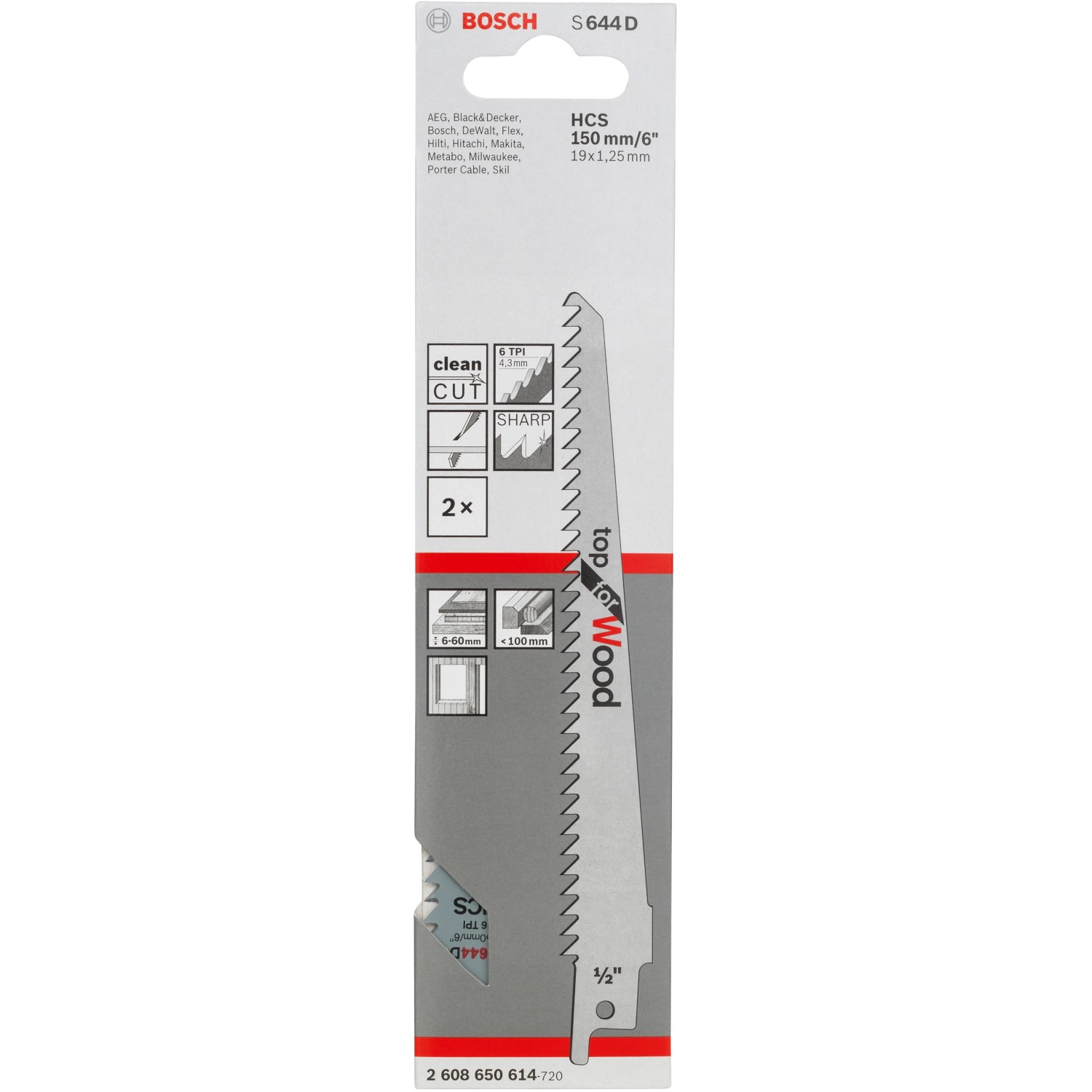 Bosch Säbelsägeblatt Pro S 644 D, 2 Stück, für Holz bis 100mm