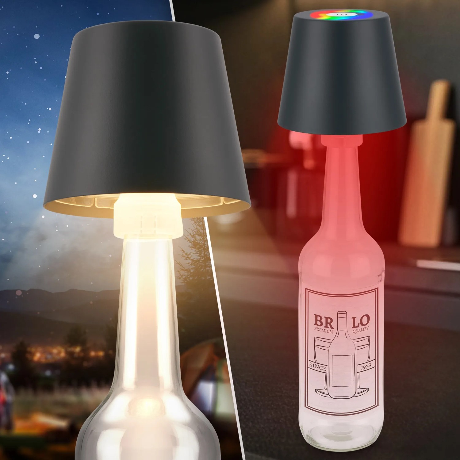 Brilo LED-Akku-Tischleuchte 3 in 1 Anthrazit, auch als Flaschenaufsatz nutzbar, mit RGB-Funktion.