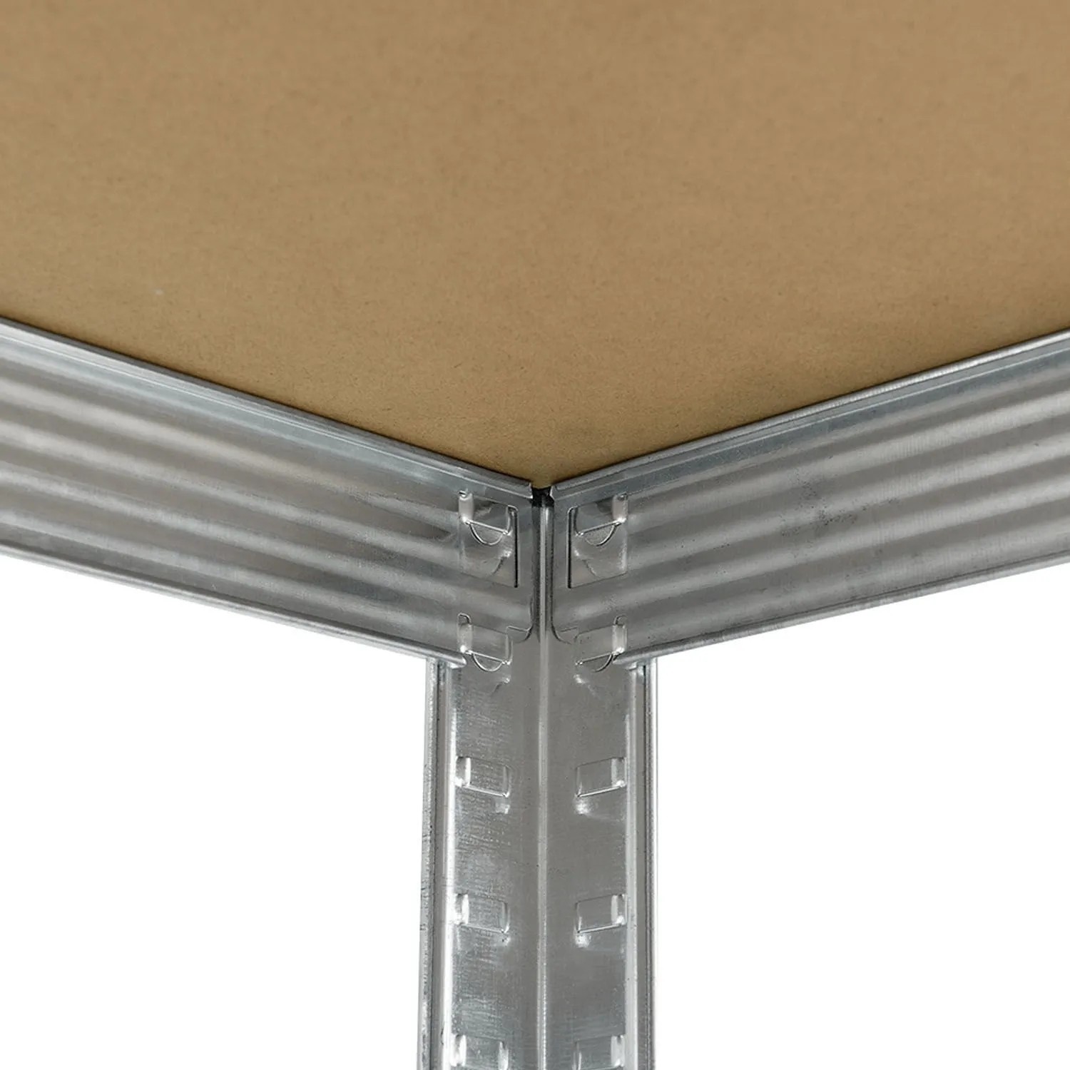 Detailaufnahme: Juskys Eckregal mit verzinktem Metallrahmen und MDF-Holz Regalboden.