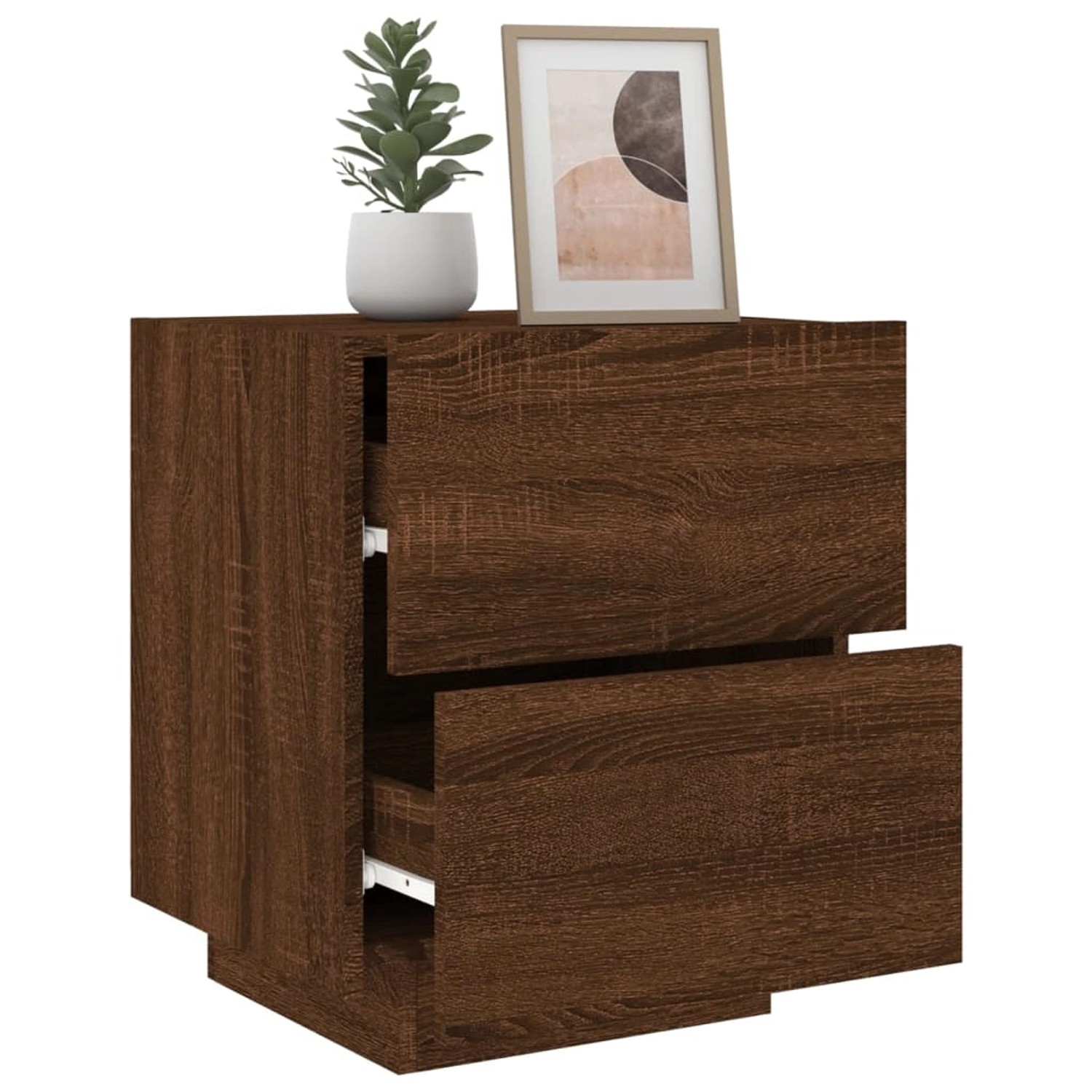 Nachttisch in Braun Eichen-Optik mit LED-Beleuchtung und zwei Schubladen.