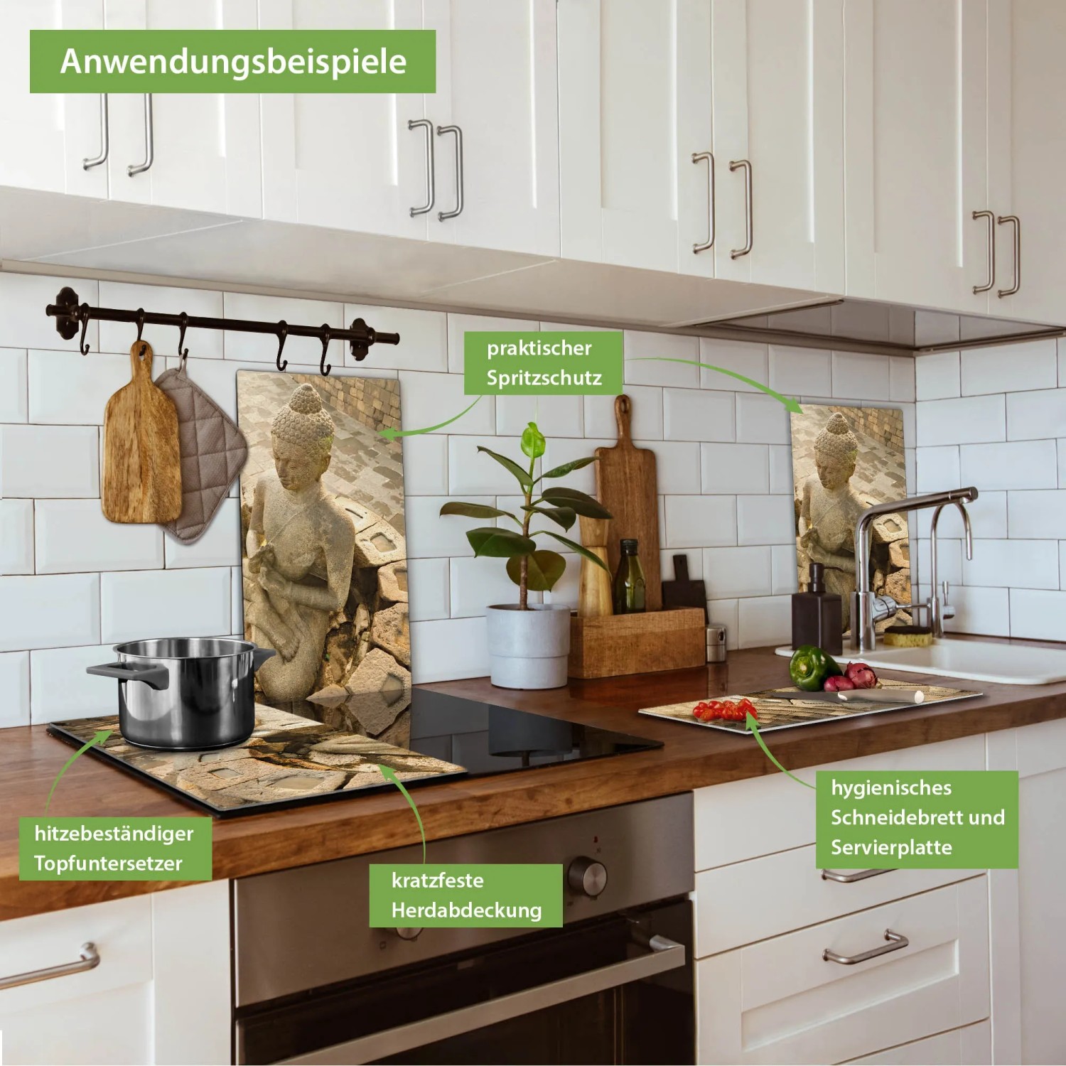 Banjado Herdabdeckplatten-Set mit Buddha-Motiv als Schneidebrett und Spritzschutz.