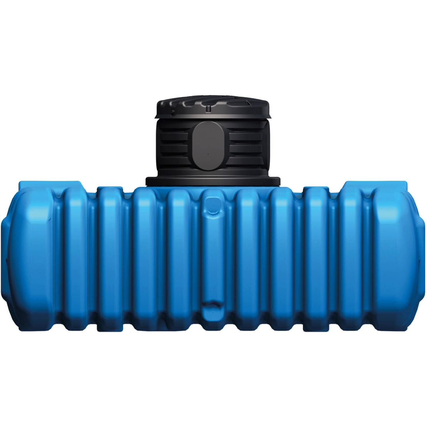 4rain Flachtank Flat S 1500 l: Blauer Erdtank mit schwarzem Domschacht für die Gartenbewässerung.
