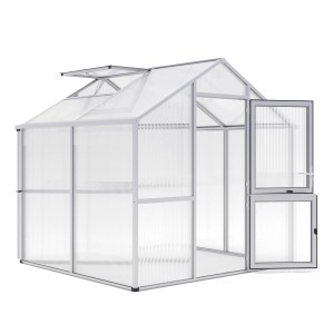 KGT Gewächshaus Alu blank, 5,06 m², mit geöffneter Tür und Dachfenster.