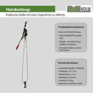 TRUTZHOLM Handhebelseilzug mit Haken, 2000 kg Zugkraft. Seilwinde für Lasten im Werkstatt- und Baubereich.