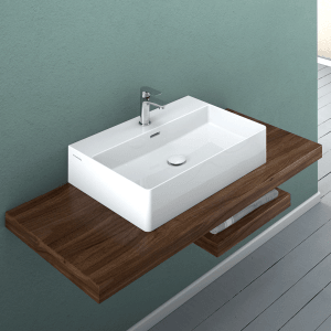 Weißer Domberg Waschtisch DB2000 (60,5x42,5 cm) im Slimline-Design auf Holzkonsole mit Armatur.