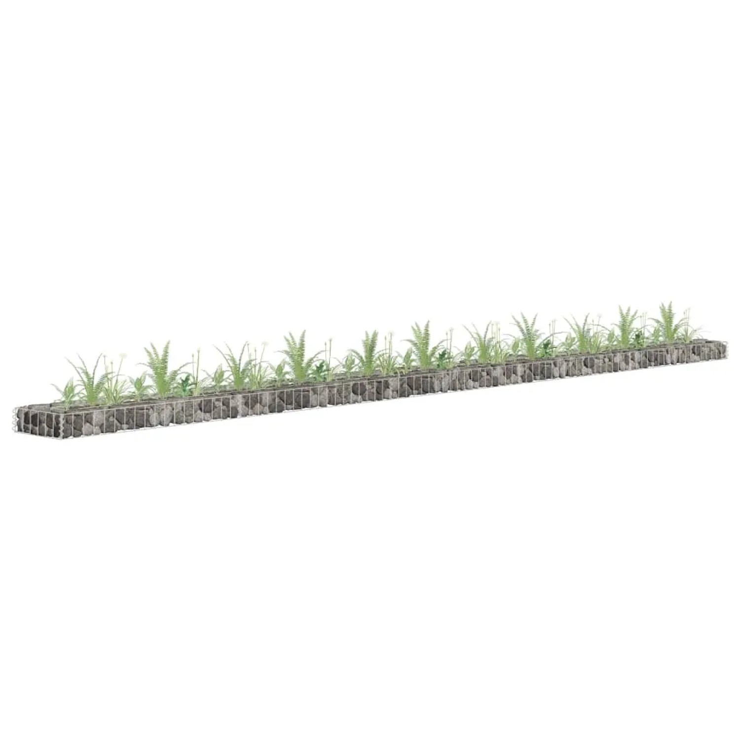 Langes, silbernes Gabionen-Hochbeet aus Stahl, befüllt mit Steinen und bepflanzt.