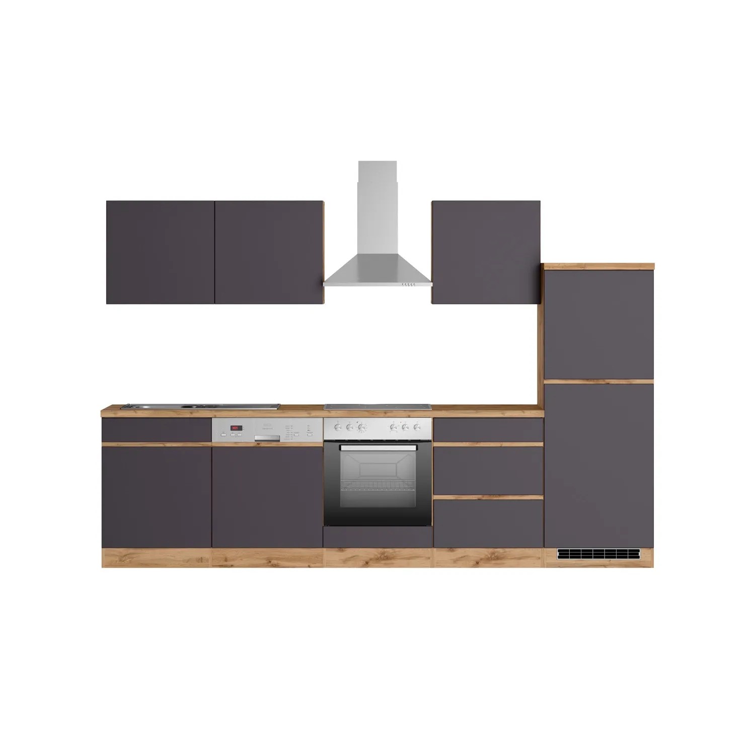 Held Möbel Küchenzeile Turin 300 cm, Graphit-Wotaneiche, mit E-Geräten wie Herd, Spüle und Kühlschrank.