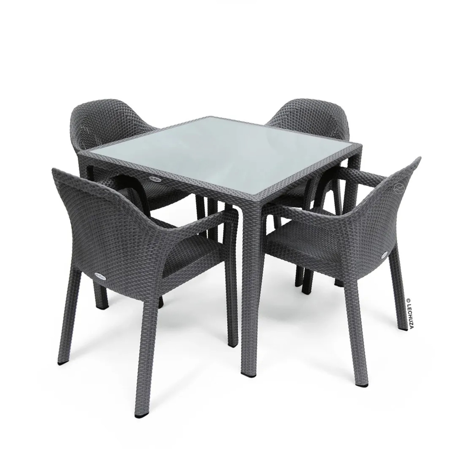Lechuza Essgruppe Granit: Tisch mit Glasplatte und vier Gartenstühle mit Flechtstruktur.