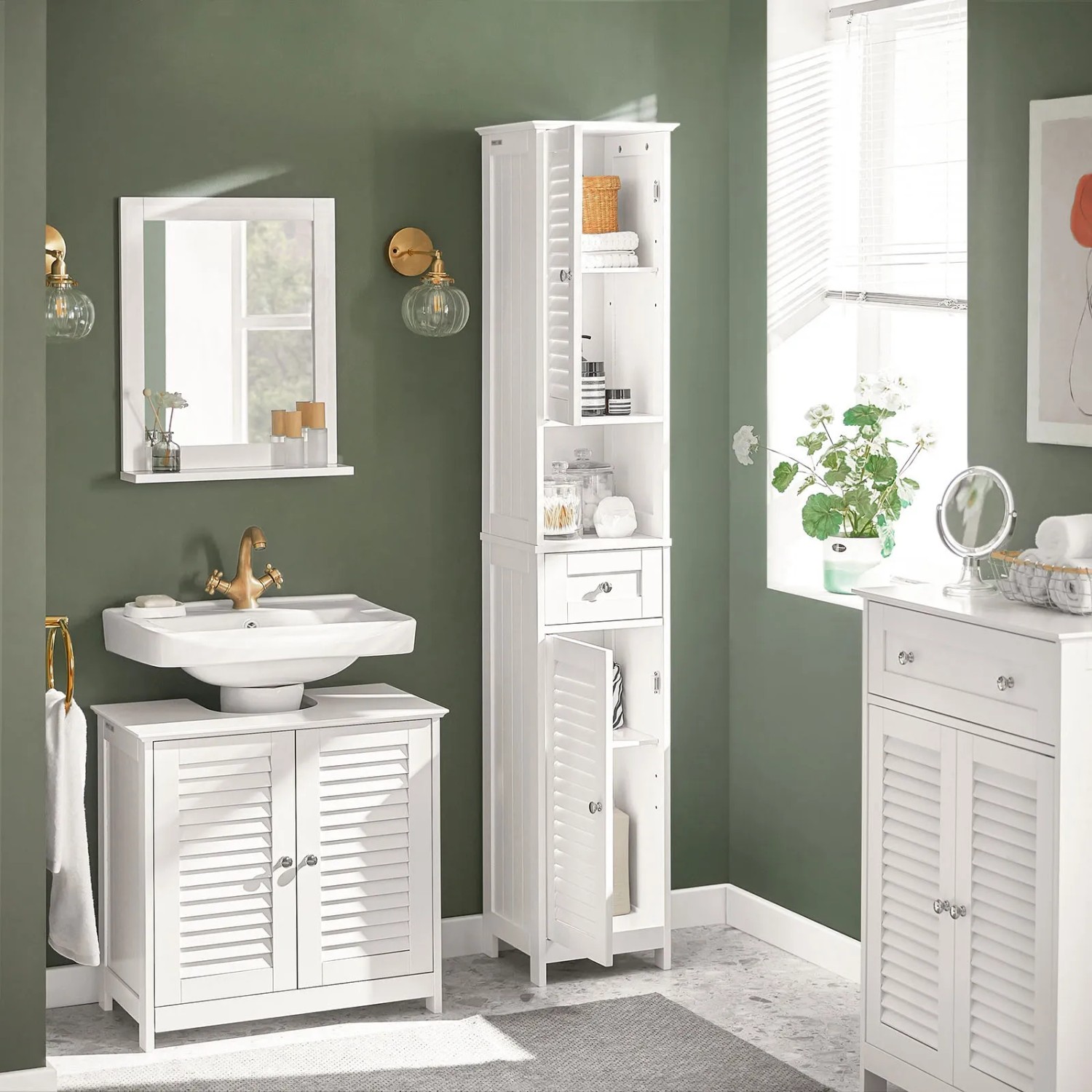 SoBuy Badschrank FRG236-W, weißes Holz, mit offenem Fach und Lamellentüren. Badmöbel-Set.