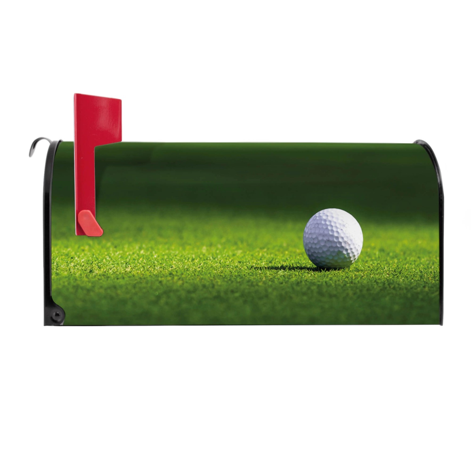 Schwarzer Banjado US Briefkasten mit Golfball Motiv und roter Fahne.