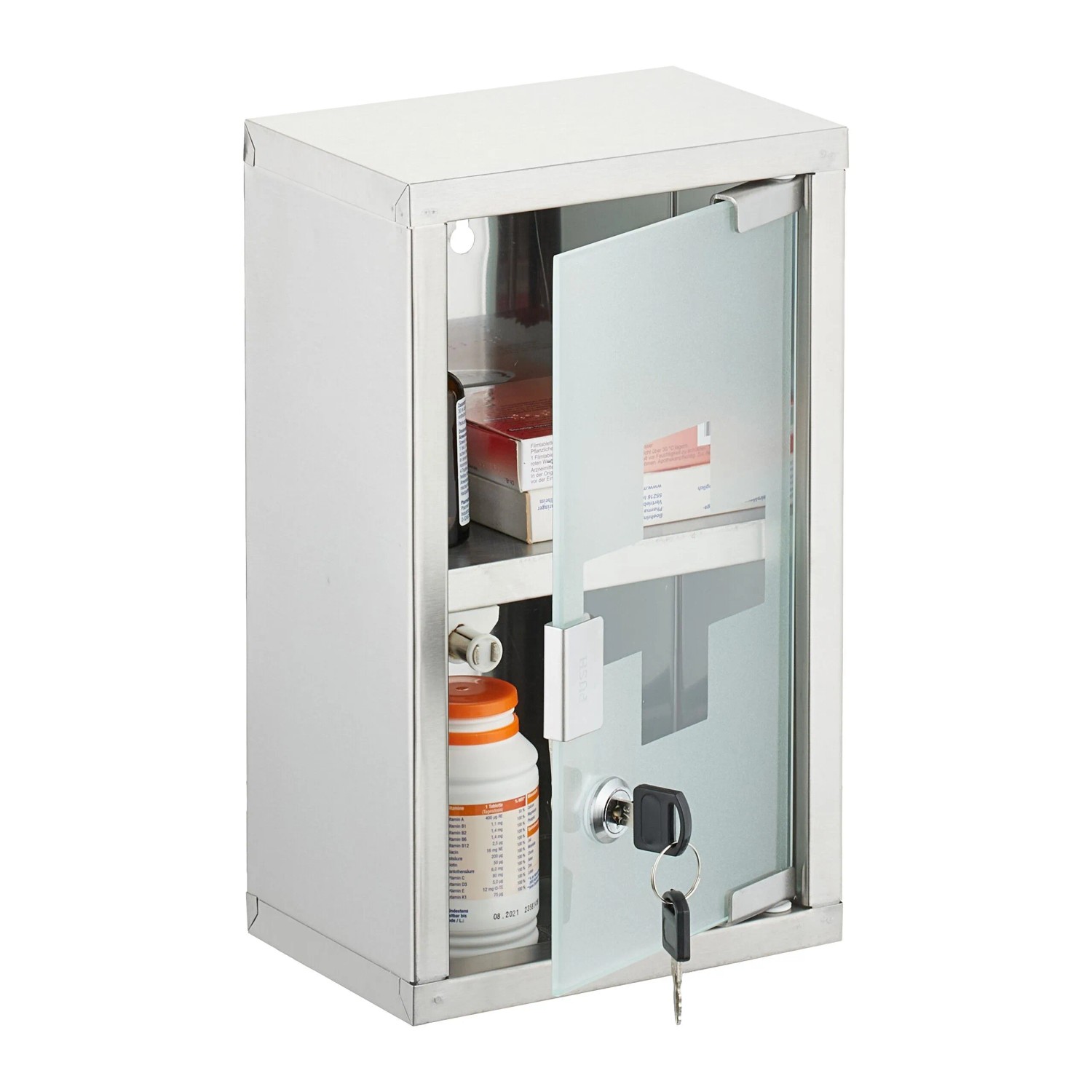 Relaxdays Medizinschrank Edelstahl Glas Silber Abschließbar 30 cm x 18 cm x 12 cm 1,4 kg