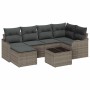 Graues 7-teiliges vidaXL Garten-Sofa-Set aus Poly Rattan mit Kissen und Tisch.