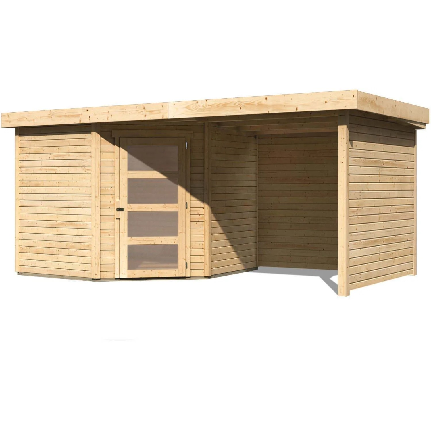 Karibu Holz-Gartenhaus Linköbing mit Pultdach und Anbau, unbehandelt.