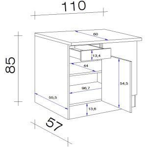 Skizze Eck-Unterschrank Florida, 110x60 cm, Weiß/Sonoma Eiche, mit Schublade und Tür. Küchen Eckschrank Maße.