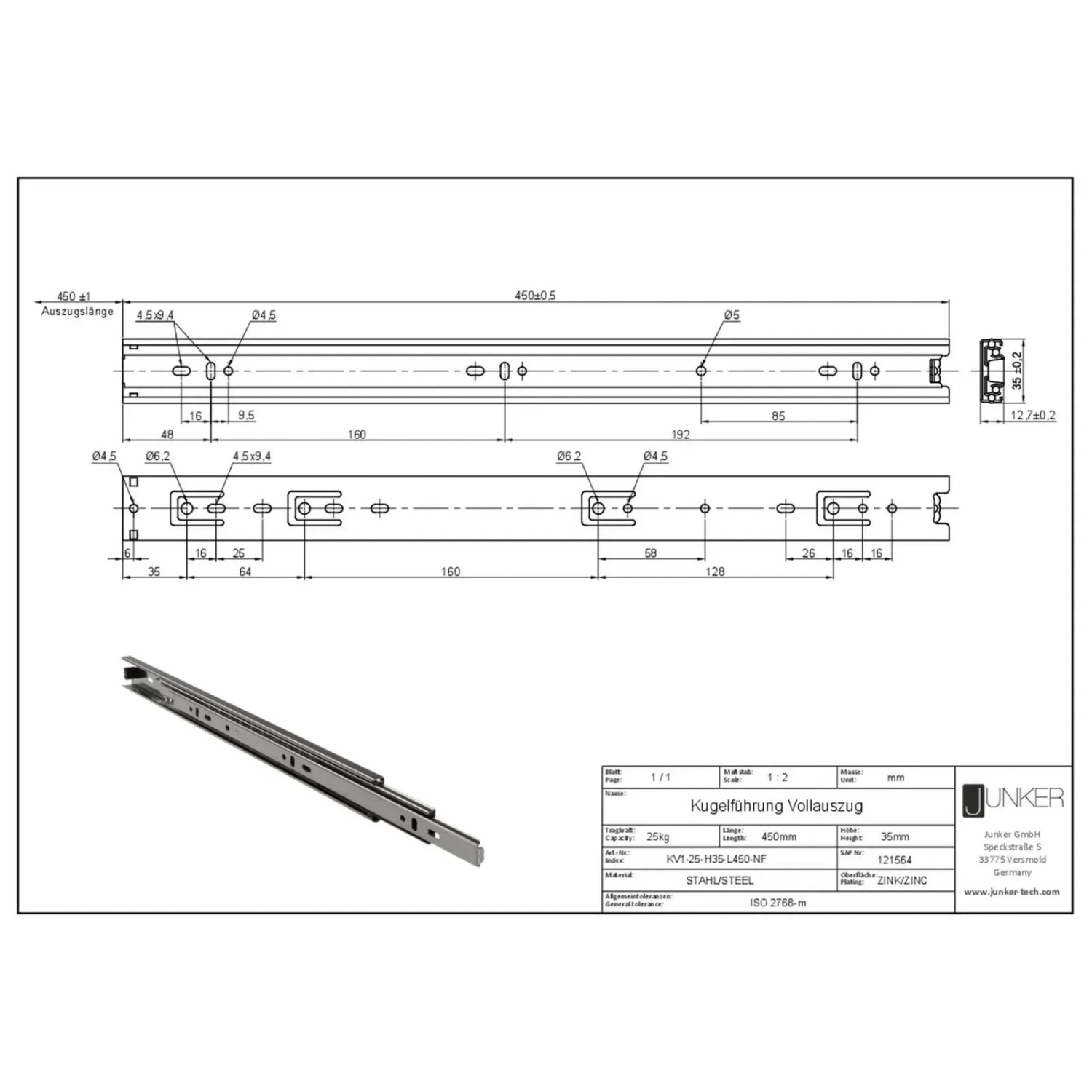 Technische Zeichnung des SOTECH Vollauszugs 450 mm, 25 kg Tragkraft, mit Maßen und Metall-Schubkastenauszug.
