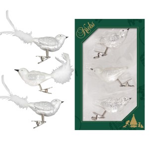 Krebs Glas Lauscha Weihnachtsornamente: 3 silberne Glasvögel mit Federn, 7cm, zum Aufhängen.