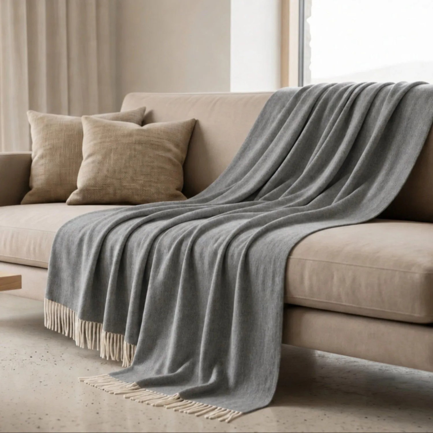 Dunkelgraue Sofadecke aus Baumwoll-Mix mit hellen Fransen, elegant auf beigem Sofa drapiert. Ideal für Wohnzimmer & Bett.