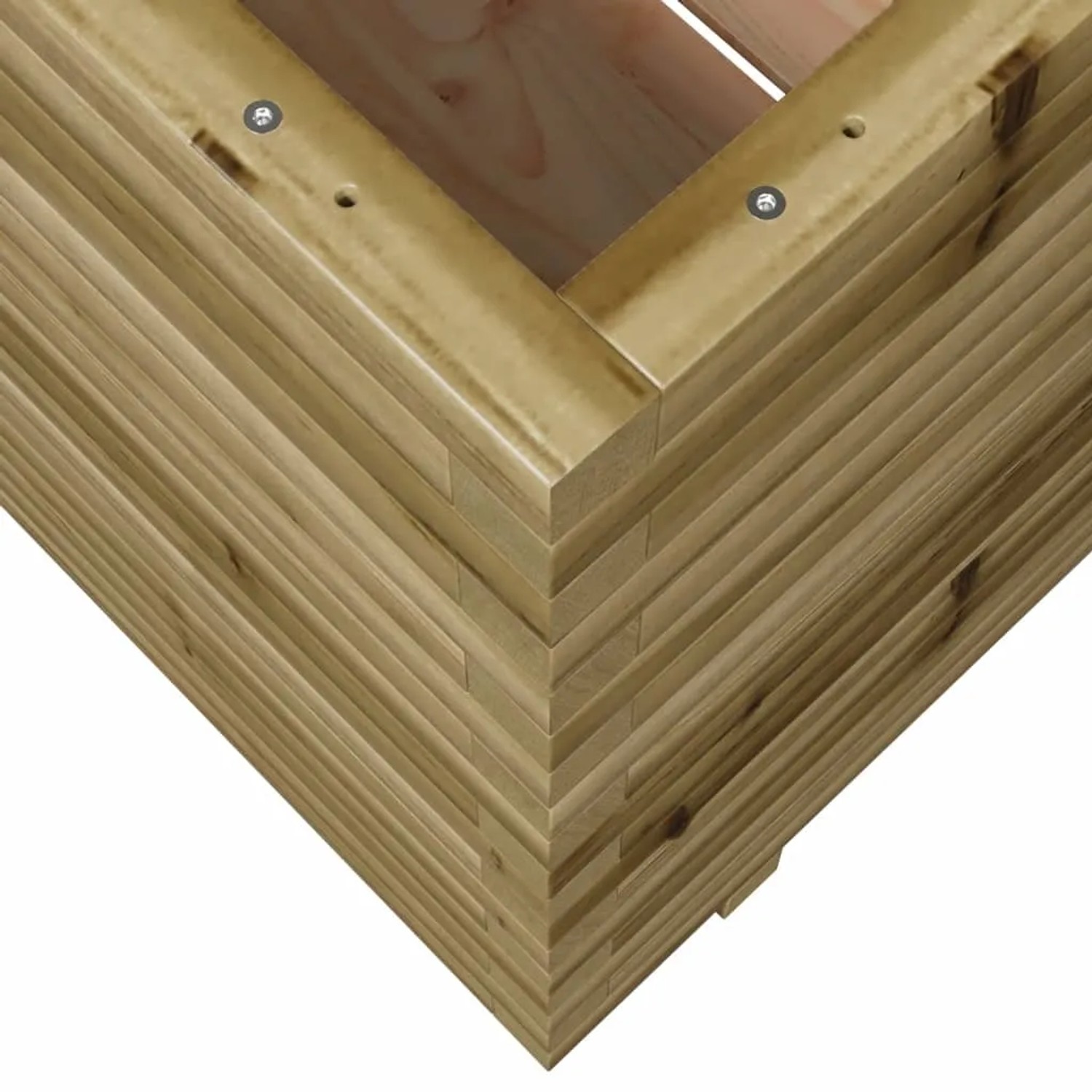 Detailansicht eines Hochbeets aus imprägniertem Kiefernholz, Ecke mit Schrauben.