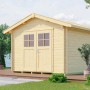 Unbehandeltes Weka Holz-Gartenhaus Sienna mit Satteldach, 300x230 cm, im Garten.