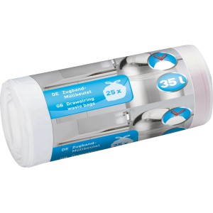 Rolle Müllbeutel, 35 l, mit Zugband, 25 Stück, aus transparentem Kunststoff für Haushaltsmüll.