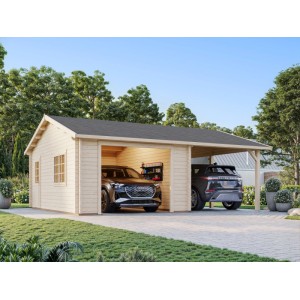 Palmako Garage Roger aus Holz, tauchgrundiert grau, mit Carport und zwei parkenden Autos.