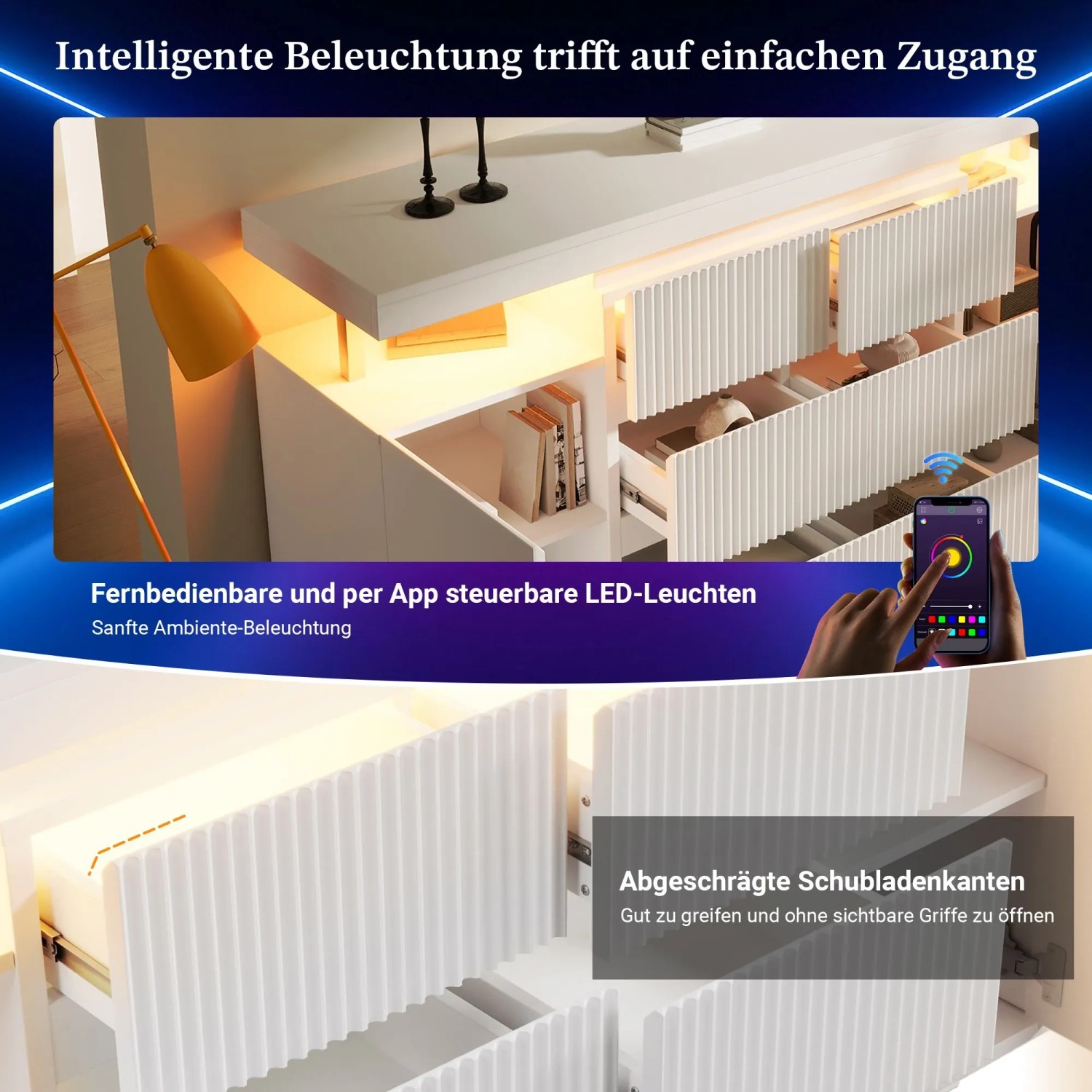 Weißes Sideboard mit App-gesteuerter LED-Beleuchtung, geriffelten Fronten und grifflosen Schubladen. Wohnzimmerschrank.