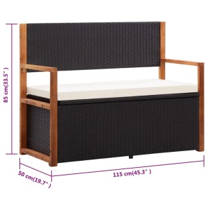 Schwarze VidaXL Gartenbank mit Stauraum aus Polyrattan und Akazienholz, inklusive Sitzkissen.