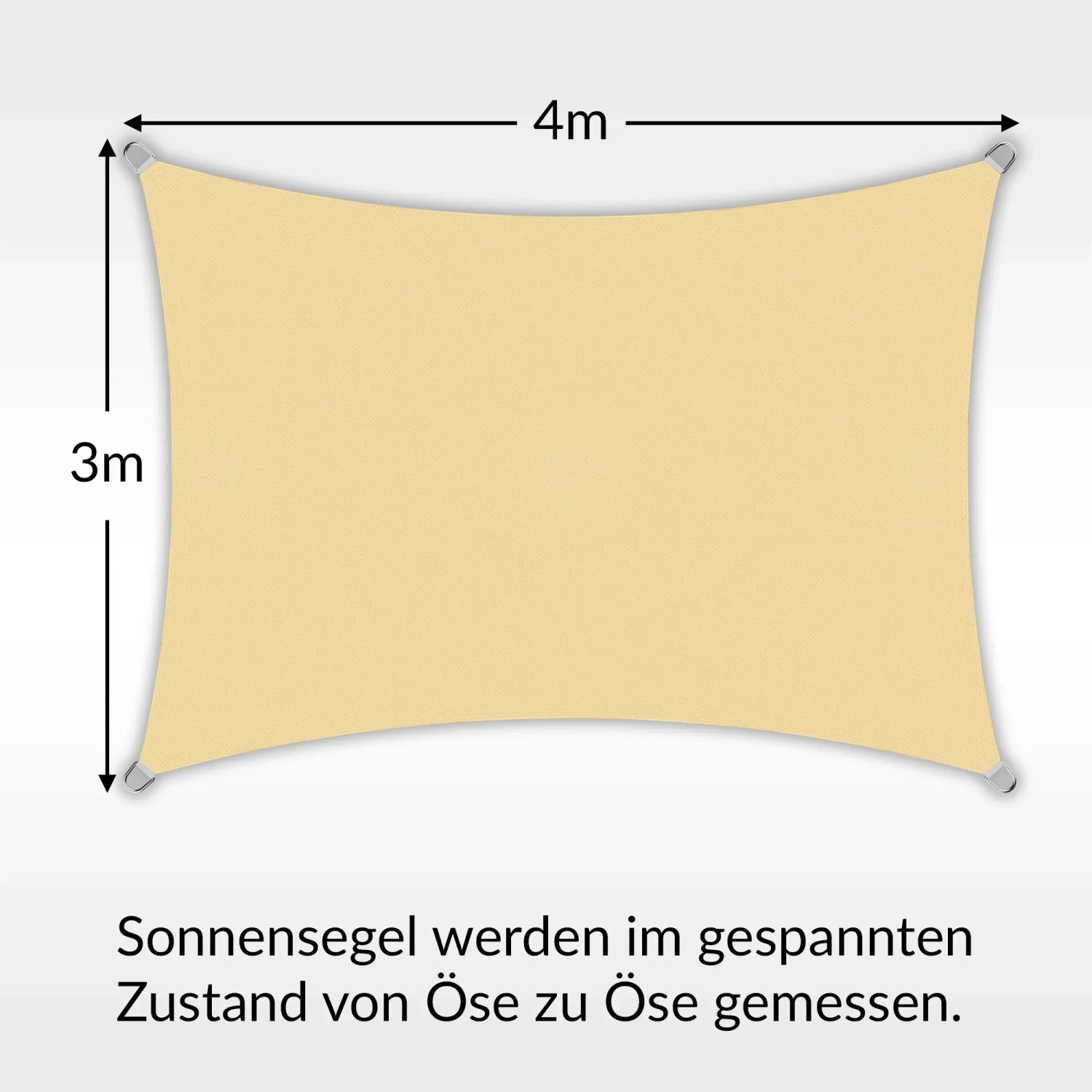 Sandfarbenes Toldoro Sonnensegel, rechteckig, 4x3m, aus HDPE-Gewebe mit UV-Schutz.