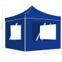 Blaues, faltbares 2x2m Partyzelt mit Wänden und Aluminiumrahmen.