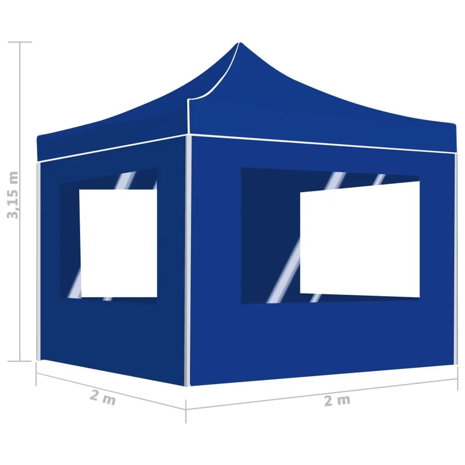 Blaues, faltbares 2x2m Partyzelt mit Wänden und Aluminiumrahmen.