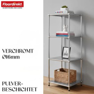 Verchromtes Metallregal mit 4 Ablagen, 30x30x89 cm. Kompaktes Regal für Bad, Küche oder als Beistelltisch.