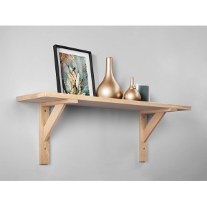 Wandregal mit zwei Eichenholz-Konsolen (25x20 cm), dekoriert mit Bilderrahmen und Vasen.