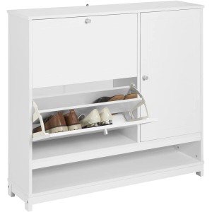 Weißer SoBuy Schuhkipper FSR114-W mit zwei Klappen und einer Tür, teilweise geöffnet mit Schuhen.