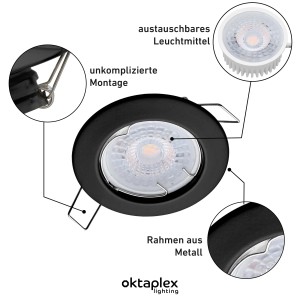 Oktaplex Einbaustrahler Sedan 3er-Set, schwarz, dimmbar, warmweiß. Deckenspot mit LED-Modul und Metallrahmen.