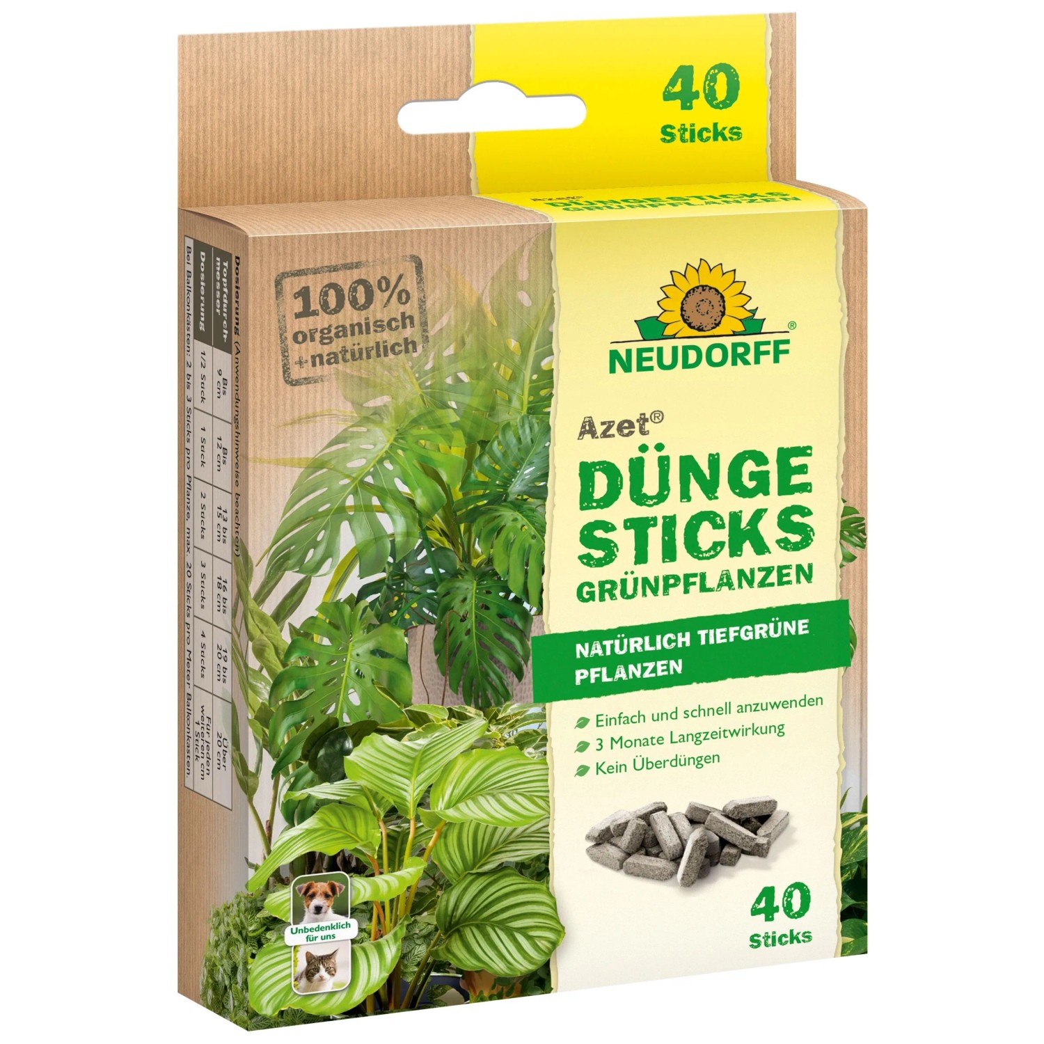 Neudorff Pflanzendünger Bio - Azet DüngeSticks für Grünpflanzen 40 Sticks, Bio Düngestäbchen für kräftig grüne Grünpflanzen und Palmen, Düngestäbchen Zimmerpflanzen aus natürlichen Rohstoffen