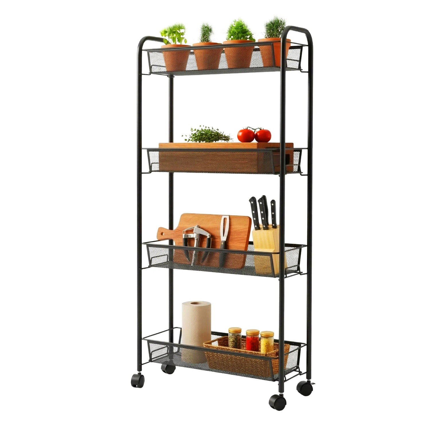 Relaxdays Rollwagen Stahl Schwarz 4 Ebenen Mit Rollen 97,5 cm x 44 cm x 17 cm