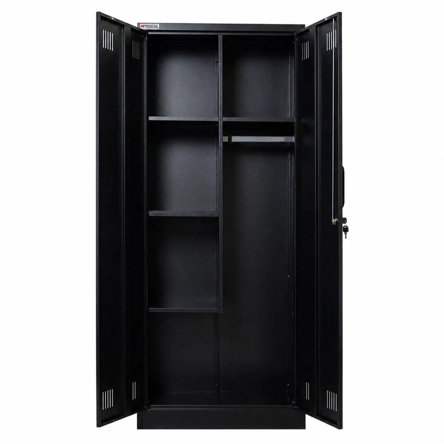 PROREGAL Putzmittelschrank RHINO Metall 170x70x30cm Schwarz mit 2 Türen Abschließbar 5 Fächern & Kleiderstange Stahl Pulverbeschichtet Metallschrank
