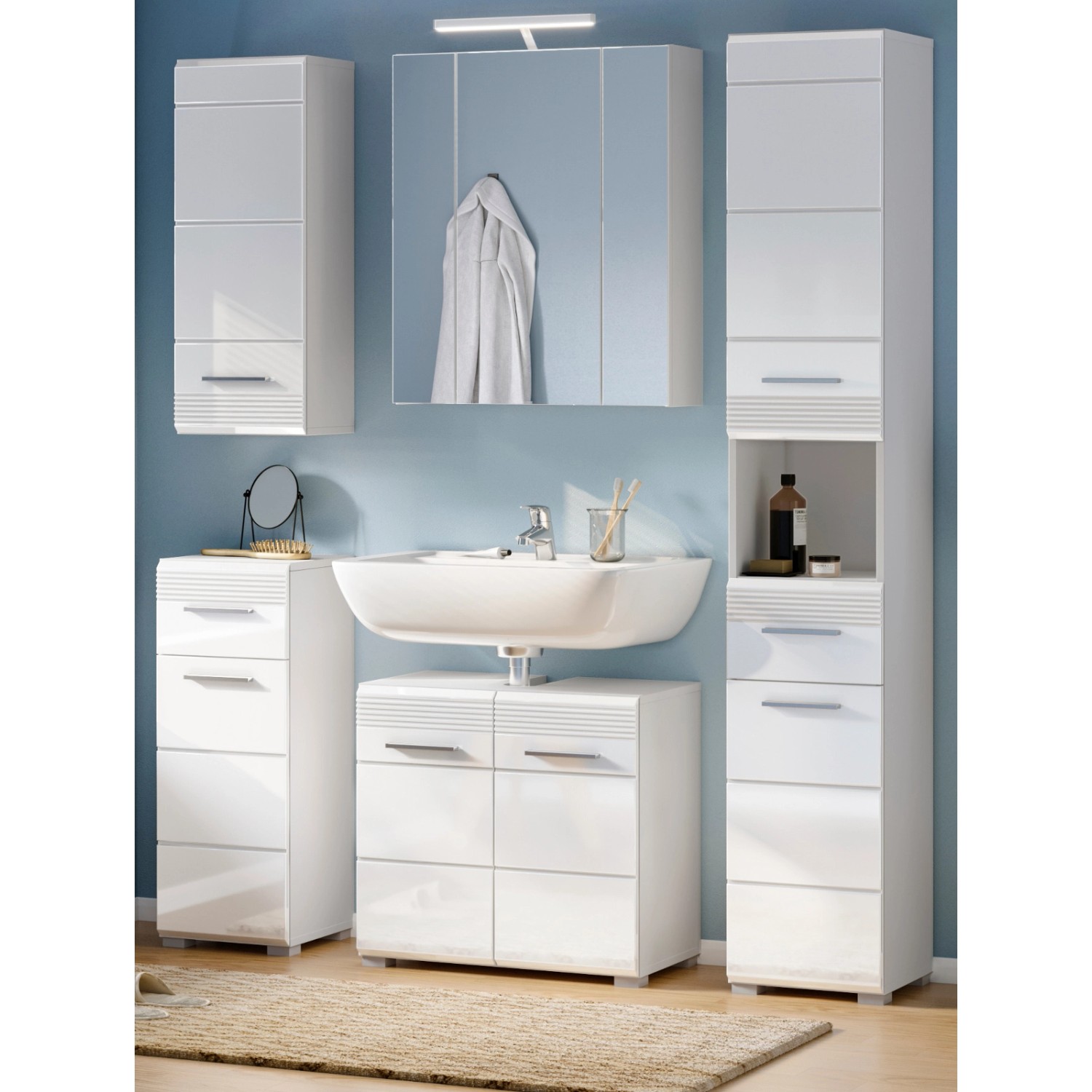 Inn.Furn Badmöbel-Set Weiß Hochglanz 5-teilig 150 cm Viel Stauraum Leon günstig online kaufen