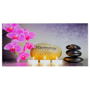 Glasbild Harmony 50x100cm: Orchidee, Stein mit Schriftzug, Kerzen und Steinturm als Wanddekoration.